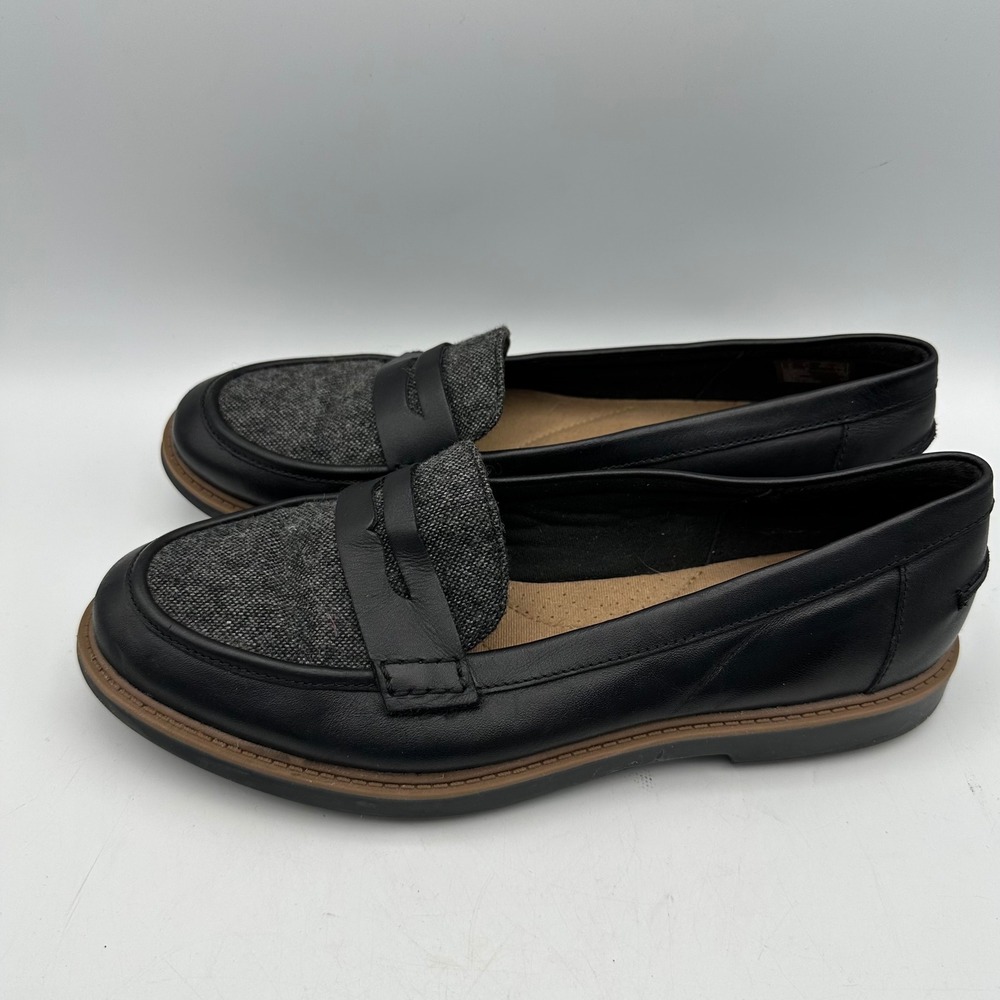 Clarks Collection Womens 8.5 M Black Leather Grey‎ Tweed Penny Loafers 26130062